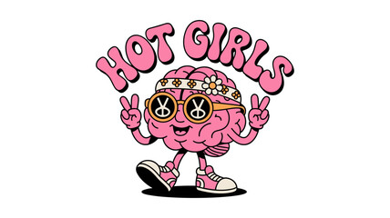 Groovy brain character with peace signs and sunglasses