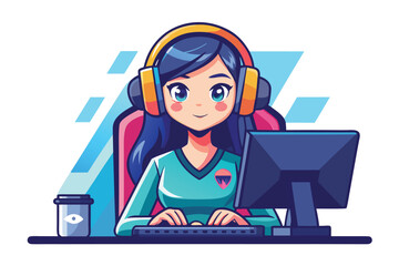 Cartoon Gamer Girl Streaming with Headset and PC, Coffee Cup Nearby, Ready to Play