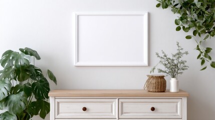 Stylish poster frame on a retro chest of drawers, featuring a hipster interior design, minimalist aesthetic, clean lines, and ample free space for creative display.
