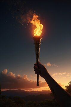 Hand Holding Independence Torch Against a Twilight Sky