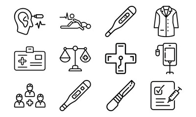 Comprehensive Medical Line Icons Set &ndash; Hearing Test, CPR, Thermometer, Doctor Coat, IV Drip, Medical Ethics, ID Badge, Surgical Tools, Certificate, and Healthcare Team Symbols for Apps,