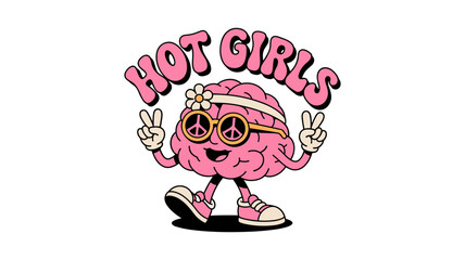 Groovy brain character with peace signs and sunglasses
