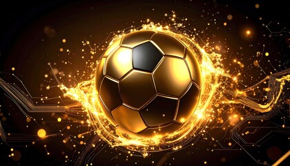 Futuristic golden soccer ball with glittering particles and circuit patterns