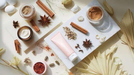 Luxury botanical skincare product still life arrangement on white marble boards