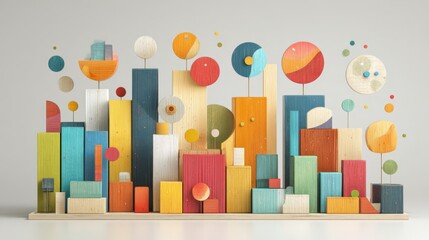 Colorful geometric bar chart, isolated against a minimalist background, featuring a clean design with ample free space for emphasis and clarity.