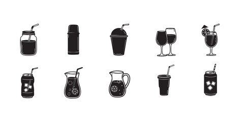 Vector illustration of drinks beverages cocktails juice water isolated black white