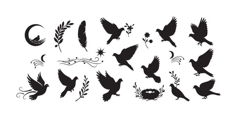 Flying dove silhouette vector set illustration with moon nest and floral design