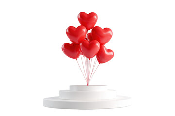 Bunch of red heart shaped balloons floating above white podium isolated on a transparent background image