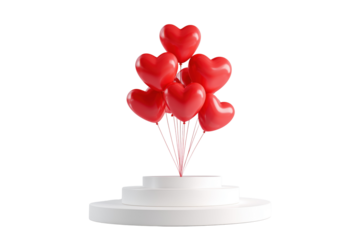 Bunch of red heart shaped balloons floating above white podium isolated on a transparent background image