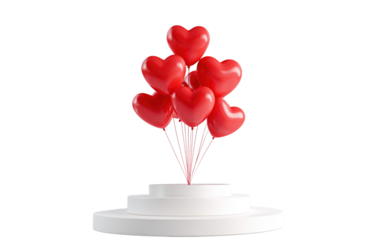 Bunch of red heart shaped balloons floating above white podium isolated on a transparent background image