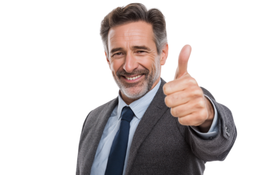 Smiling mature man in suit giving thumbs up gesture isolated on a transparent background male adult