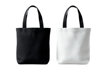 Black and white canvas tote bags side by side isolated on a transparent background image