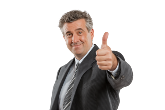 Smiling middle aged man in suit giving thumbs up gesture isolated on a transparent background male adult - Powered by Adobe