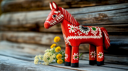 Swedish traditional souvenir Dala or Dalecarlian horses, red color wood material with white floral folk pattern ornaments wood wall background