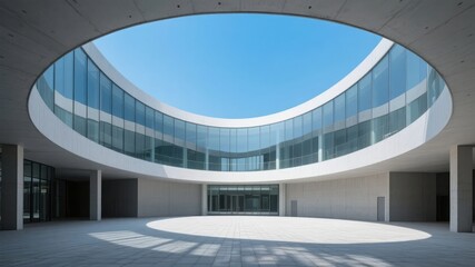 Modern architectural structure with a circular glass atrium and open sky view