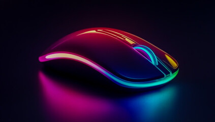 A sleek and modern wireless mouse with vibrant neon lighting on the sides and a prominent illuminated central button,