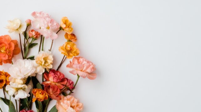 Vibrant Floral Bliss, a cheerful display of colorful flowers basking in sunshine, featuring a minimalist backdrop with ample free space for a serene atmosphere.