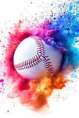 Vibrant baseball bursting through colorful powder explosion, symbolizing energy and excitement