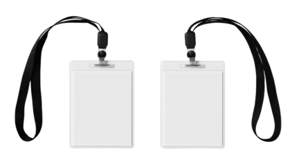 Two blank white identification badges with black lanyards isolated on a transparent background image