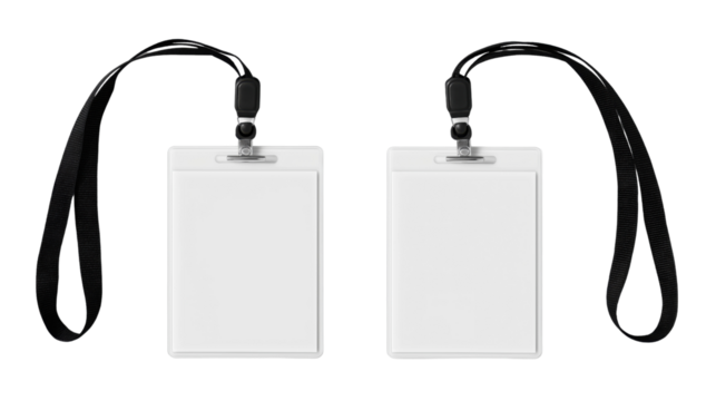 Two blank white identification badges with black lanyards isolated on a transparent background image