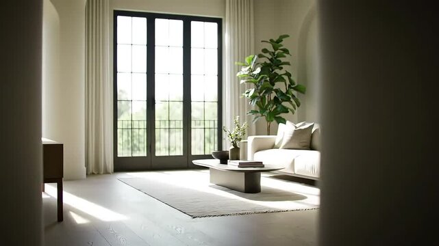 Modern Minimalist Living Room Design with Large Windows and Natural Light