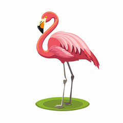 Fototapeta premium Vibrant flamingo illustration stands gracefully on a green patch against white canvas