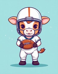 Fototapeta premium A cute cartoon calf in a football uniform holding a football, ready to play, with a light blue background.