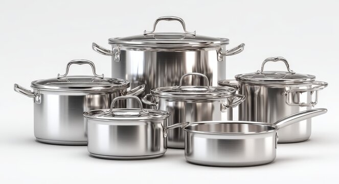 Stainless steel cookware set isolated on white background, professional studio photography with soft lighting and realistic details