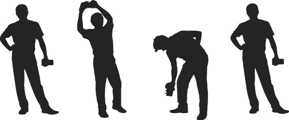 Photographer silhouette, man holding camera, taking pictures, different poses, black vector illustration, isolated white background, photography concept