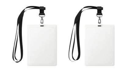 Two white blank identification badges with black lanyards and clips isolated on a transparent background