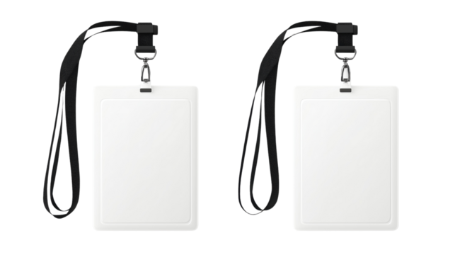 Two white blank identification badges with black lanyards and clips isolated on a transparent background