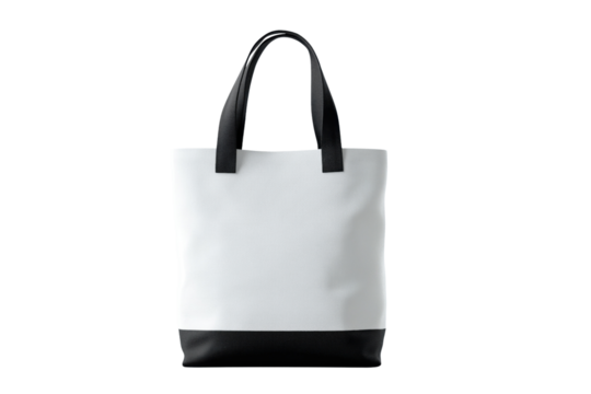 White canvas tote bag with black straps and base isolated on a transparent background image