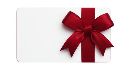 White gift card with red satin ribbon and bow isolated on a transparent background image