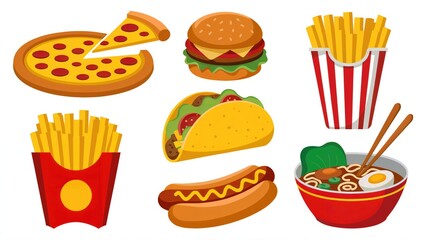 Delicious fast food favorites including pizza, burger, fries, taco, hot dog, and ramen bowl