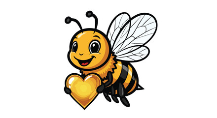 Obraz premium Cute cartoon bee holding a golden heart, symbolizing love and care.