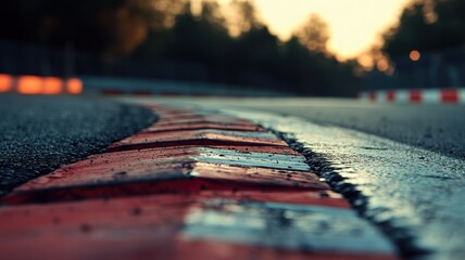 A striking close-up of an empty F1 track during sunset, highlighting the curving lines and reflective wet asphalt. A serene atmosphere captures the essence of racing solitude.