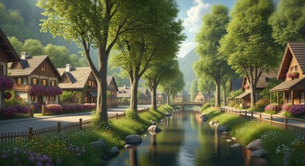 Alpine village with river and lush greenery