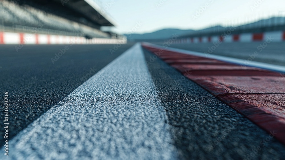 Wall mural a close-up view of an empty f1 track showcasing the smooth asphalt surface and white line. the image