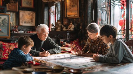 Grandparents teaching Mandarin to grandchildren at home surrounded by traditional decor soft natural light real photo stock photography