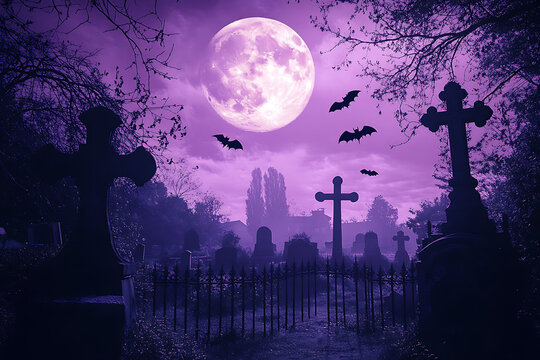 haunted graveyard under, full moon with, gothic tombstones dark, silhouette trees flying, bats spooky purple, sky creepy halloween, night concept supernatural, mystery horror cemetery, background scar
