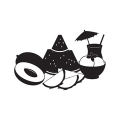 Illustration of summer fruits watermelon mango and ice cream black and white art
