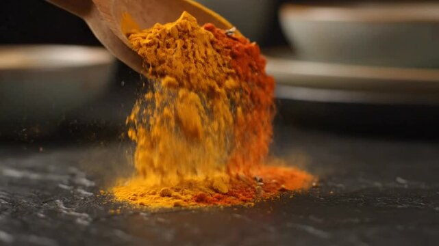 Colorful Spices Sprinkling in Slow Motion onto Dark Stone Turmeric, Paprika, Cumin