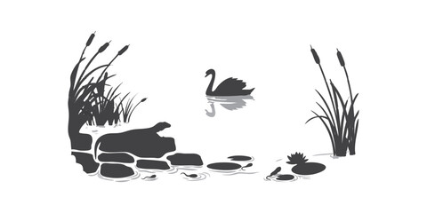 Black and white swan lake illustration vector graphic nature pond silhouette art
