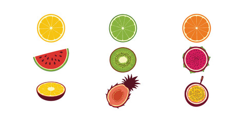 Illustration of fresh fruits orange lemon lime kiwi watermelon dragonfruit passionfruit