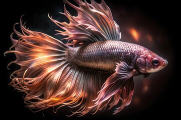 Fototapeta premium Majestic siamese fighting fish with flowing fins displaying vibrant orange and purple hues against a dark background