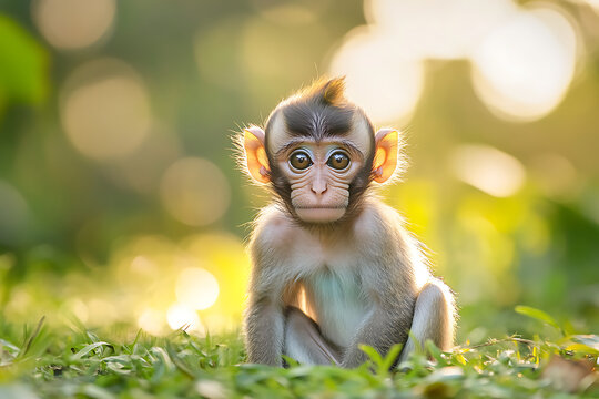 Adorable baby monkey sitting on lush green grass in natural jungle habitat with golden sunlight bokeh background, cute young primate close up wildlife photography, playful infant macaque in tropical f