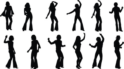 Disco dancers silhouettes collection, groovy 70s party, retro clubbing, nightlife fun, vintage fashion, energetic celebration, entertainment, music, dynamic poses.