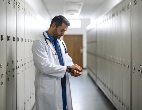 A doctor stands in a quiet locker room, looking down at their hands in a pensive moment. The lighting is soft and intimate, emphasizing personal reflection after a demanding shift.