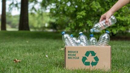 Actively recycling plastic bottles into a cardboard box with a green recycling symbol in a grassy park.