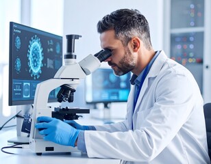 A doctor-virologist is use their eye pressed to a high-powered electron microscope, revealing a magnified, intricate virus structure on the screen.